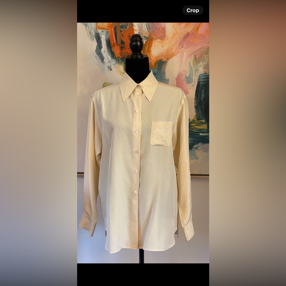 Hermès Cream Button-Up Shirt with Embroidered Pocket.